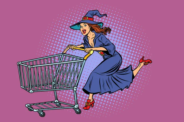Cadılar Bayramı Cadısı Alışveriş Arabası Satışı Pop Art Retro Vektör — Stok fotoğraf