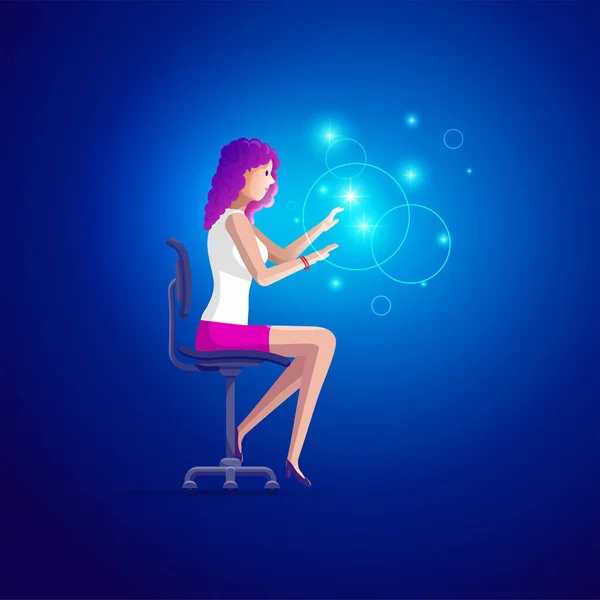 非常に美しい女の子は近代的なオフィスの椅子に座って ホログラム シミュレーション画面に触れる手を使ってします 近未来的なコンセプト ベクトル図 — ストック写真