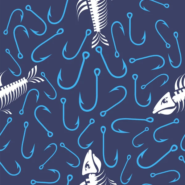 白い魚骨骨格と釣りフック青い背景に隔離されたシームレスなパターン 海の魚のアイコン — ストック写真