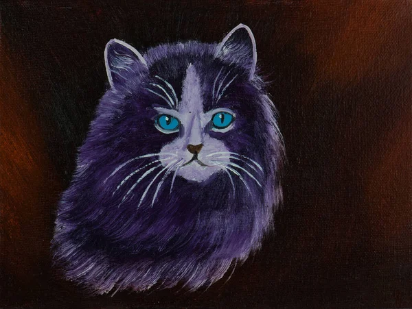 褐色の背景の前に紫色の毛皮を持つアンゴラ猫の油絵 — ストック写真