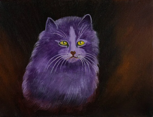 Pintura Óleo Gato Angorá Roxo Com Olhos Amarelos Frente Fundo — Fotografia de Stock