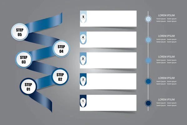蓝色金属螺旋的信息显示屏显示了五个步骤的过程 五个空白的白纸条准备好了你的文本和五个步骤的过程时间表 — 图库照片