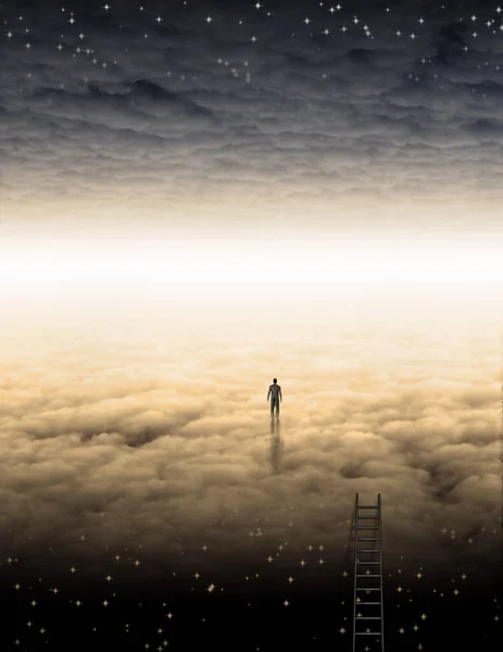 stock image Man's Journey of the Soul. Bright horizon between clouds