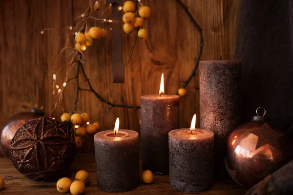 Christmas Decoration Old Wood Three Burning Candles — Stock Photo, Image