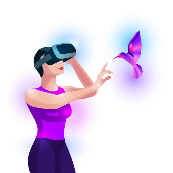 Woman Experiencing Virtual Reality Touching Virtual Bird Vector Illustration — Stock Photo, Image