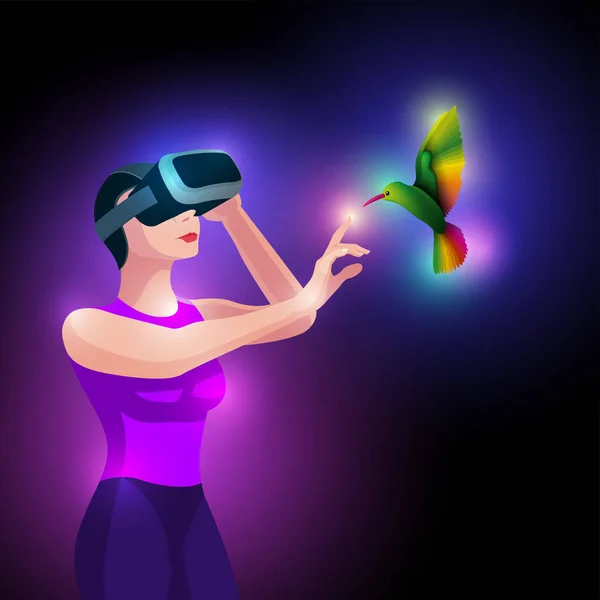 Woman Experiencing Virtual Reality Touching Virtual Bird Vector Illustration — Stock Photo, Image