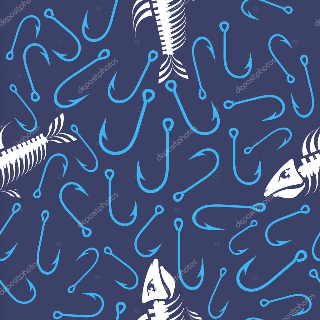 White Fish Bone Skeleton and Fishing Hooks Seamless Pattern Isolated on Blue Background. Sea Fishes Icons.