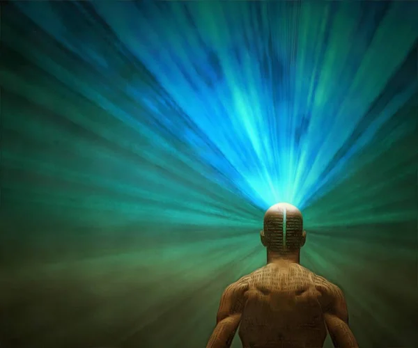 Σουρεαλισμός Καλοφτιαγμένος Άνθρωπος Ακτίνες Φωτός Βγαίνουν Από Κεφάλι — Φωτογραφία Αρχείου