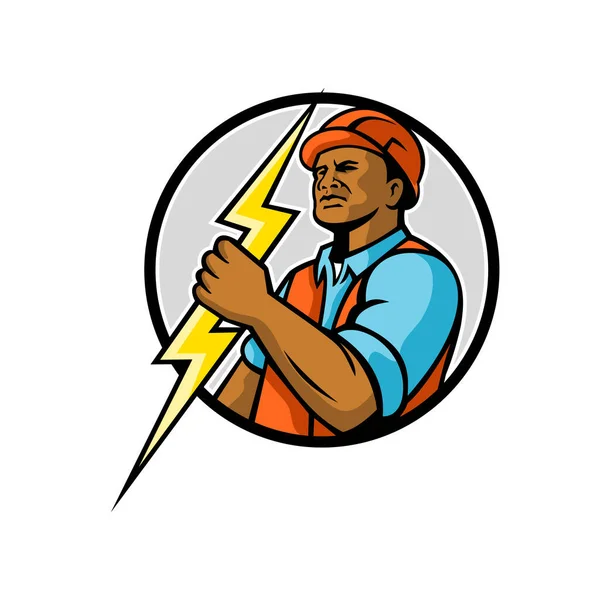 Mascot Illiustration Black African American Electrician Power Lineman Holding Lightning — Stock Photo, Image