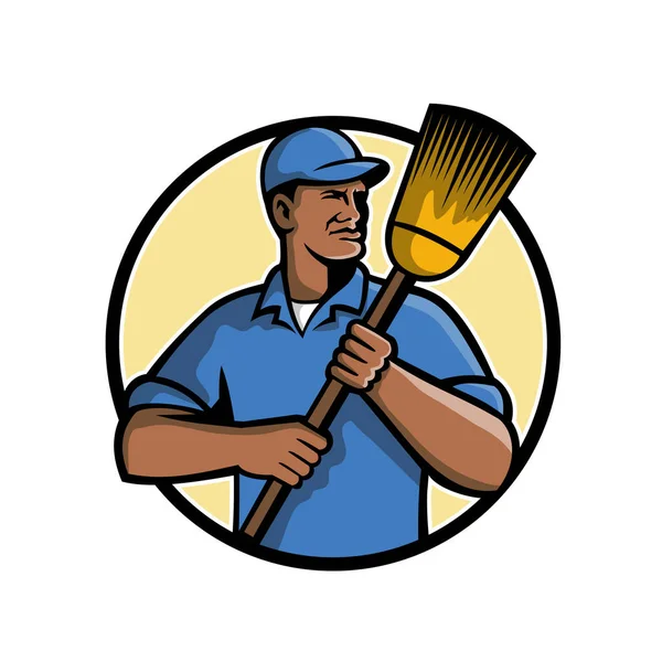 Mascot Illustration Black African American Street Sweeper Street Cleaner Holding — Stock Photo, Image