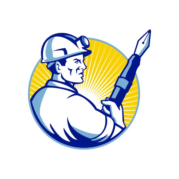 Mascot Icon Illustration Coal Miner Holding Fountain Pen Looking Forward — Stock Photo, Image