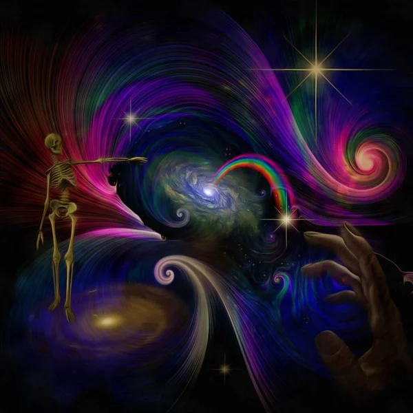 本物の絵画だ 生き生きとした宇宙 創造主の手 レインボーで明るい銀河を指すスケルトン — ストック写真