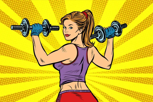 Sporty woman with dumbbells. Pop art retro illustration vintage kitsch drawing
