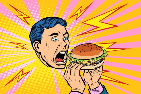 Pria Makan Burger Pop Art Retro Vector Illustration Kitsch Vintage — Stok Foto