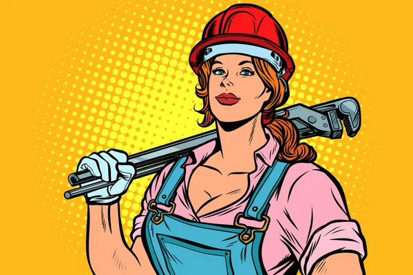 Pop Art Woman Plumber Mechanic Wrench Retro Vector Illustration Vintage — Stock Photo, Image