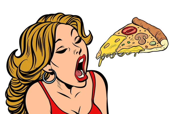 Woman Eating Pizza Comic Cartoon Pop Art Retro Vector Illustration — Stock Photo, Image