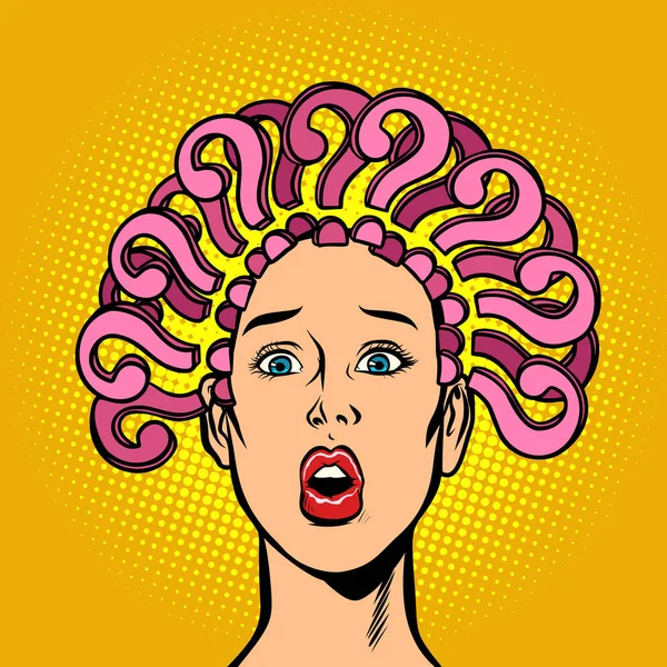 Punto Interrogativo Capelli Sulla Testa Donna Sorpresa Fumetto Pop Art — Foto Stock