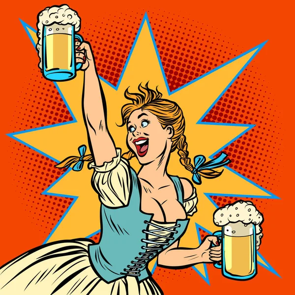 Пиво Октоберфест Официантка Традиционном Немецком Костюме Ретро Векторная Иллюстрация Комиксам — стоковое фото