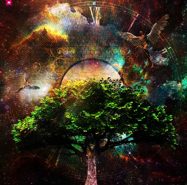 精神的な構成 緑の木と天使 — ストック写真