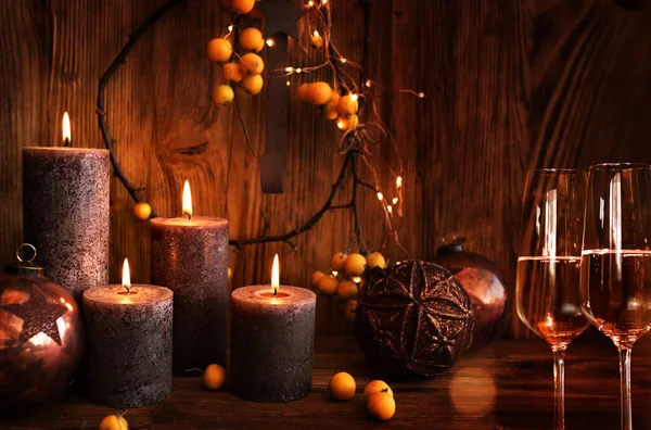 Festive Christmas Candles Still Life Champagne — Stock Photo, Image