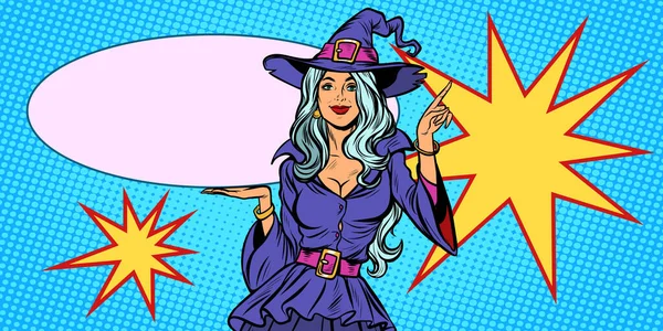 Halloween Boszorkány Ruha Gyönyörű Nőt Holiday Háttér Pop Art Retro — Stock Fotó