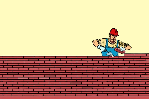 Builder Lays Brick Masonry Middle Pop Art Retro Vector Illustration — Stock Photo, Image