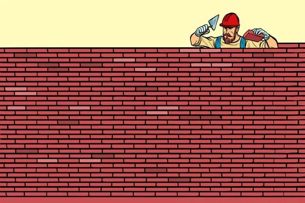 Builder Lays Brick Masonry Top Pop Art Retro Vector Illustration — Stock Photo, Image