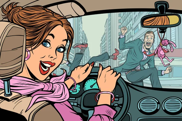 Vrolijke Vrouw Chauffeur Ongeval Weg Met Voetgangers Strip Cartoon Popart — Stockfoto