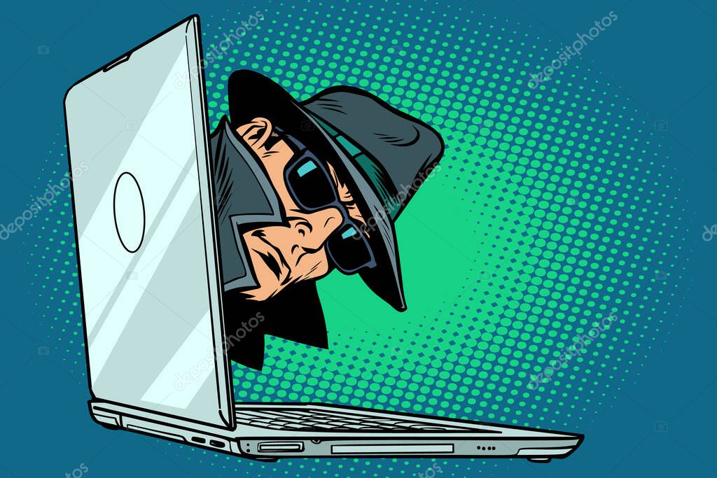 Spy. laptop computer. surveillance and hacking. Comic cartoon pop art retro vector illustration