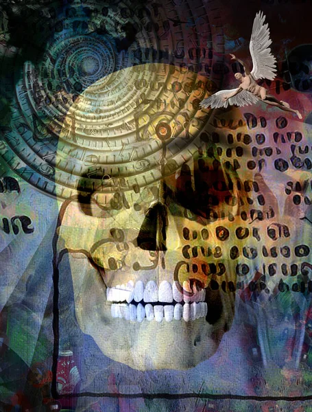 Surreal composition. Human skull and winged angel. Time spiral and ancient script