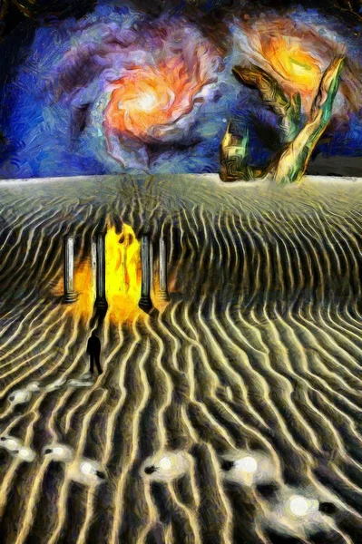 Arte Digital Surreal Planeta Deserto Branco Com Templo Fogo Homem — Fotografia de Stock