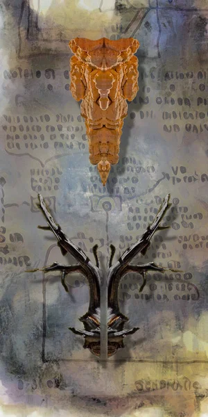 Zmutowany Obraz Abstrakcyjny Drzewo Elementy Skalne Starożytne Symbole — Zdjęcie stockowe
