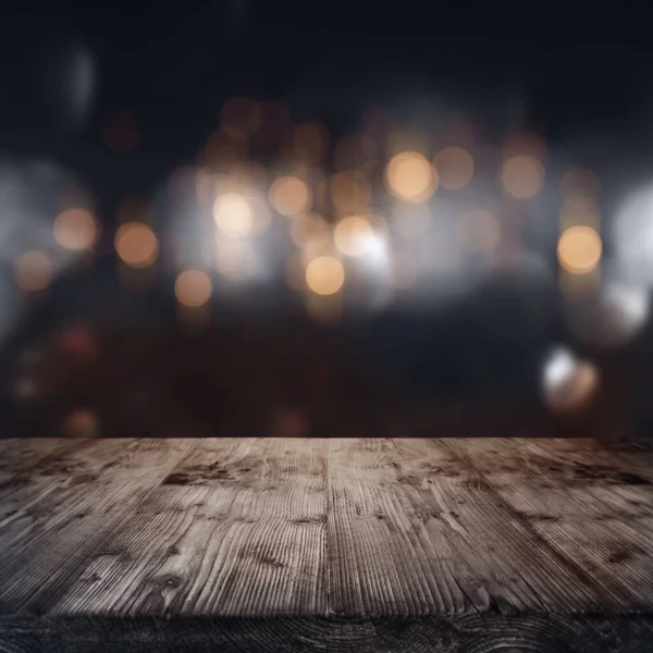 Fondo Navideño Con Bokeh Festivo Mesa Madera Rústica —  Fotos de Stock