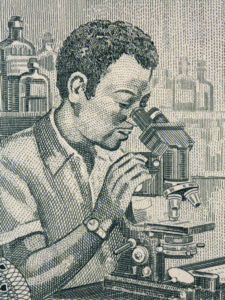 Człowiek Mikroskopem Portret Etiopskich Pieniędzy — Zdjęcie stockowe