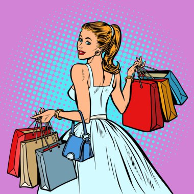bride shopping, woman with bags. Pop art retro vector illustration vintage kitsch clipart