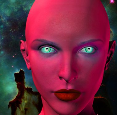 The face of female alien. Colorful universe on a background. clipart
