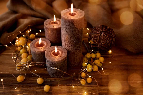 Candle Lights Festive Golden Bokeh Christmas Time — Stock Photo, Image