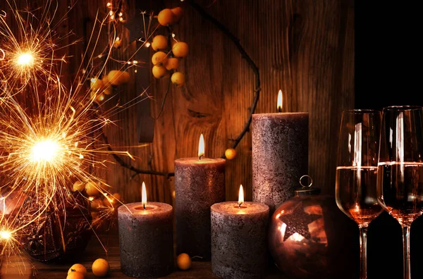 Candle Lights Champagne Christmas Eve New Year — Stock Photo, Image
