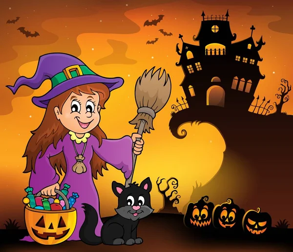 Słodka Wiedźma Kot Halloween Obraz Ilustracja Obraz — Zdjęcie stockowe