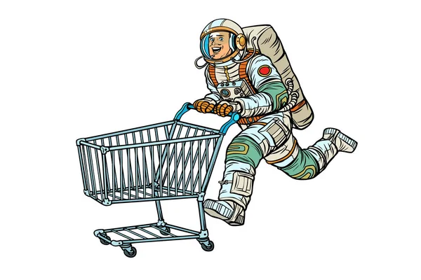 ショッピング カートで ストア内の宇宙飛行士 白い背景に分離します ポップアート レトロなベクトル イラスト ヴィンテージ キッチュ — ストック写真
