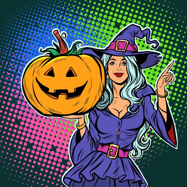 Bruja Con Calabaza Fiesta Halloween Arte Pop Retro Vector Ilustración — Foto de Stock