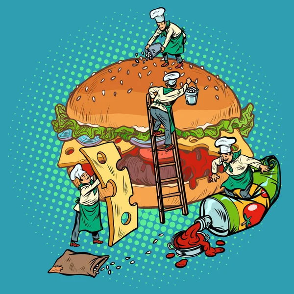 Burger Koken Mini Chefs Verzamelen Ingrediënten Pop Art Retro Vector — Stockfoto