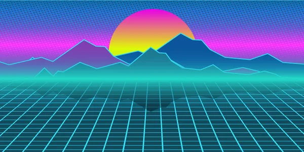 Cyberpunk Retro Sfondo Del Computer Montagne Pianura Sole Pop Art — Foto Stock