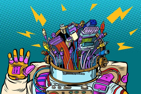 Caos Cavi Adattatori Cyber Astronauta Del Futuro Pop Art Retro — Foto Stock