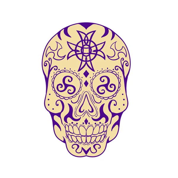 纹身风格例证的墨西哥头骨与 Triskele 和凯尔特十字架从前面看从孤立的 Backgrounbd — 图库照片