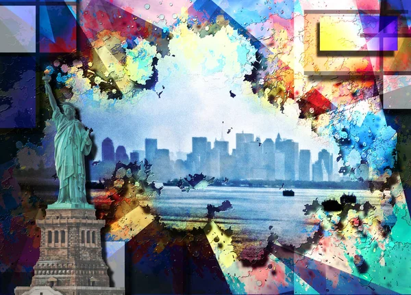 Frihetsgudinnan Och New York City Modern Konst Bakgrund — Stockfoto