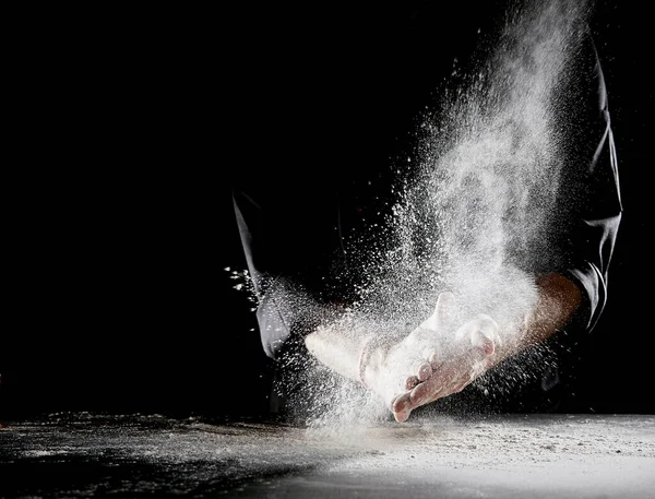 Cloud Flour Spraying Air Spilling Flat Table Surface Man Wearing — Foto de Stock