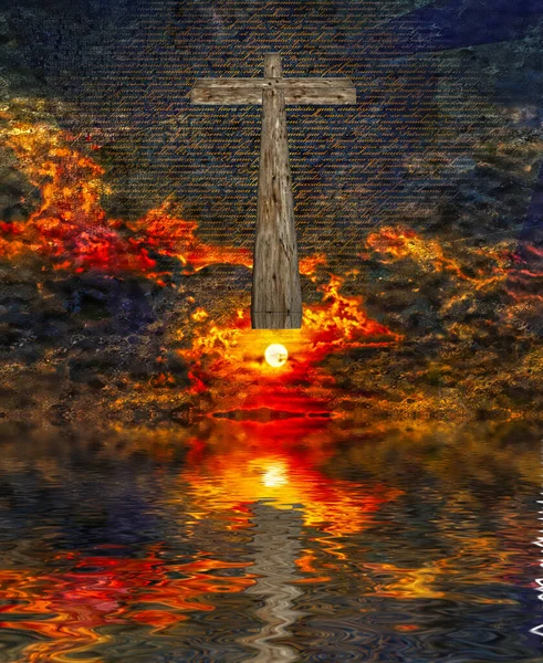 Arte Digital Surrealista Cruz Madera Cristiana Sobre Superficie Del Agua — Foto de Stock