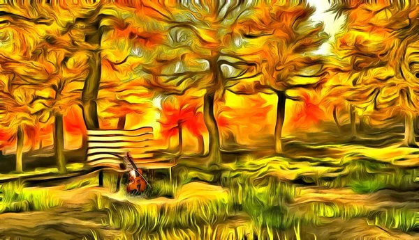 Digitální Malba Impresionistickém Stylu Housle Podzimním Parku — Stock fotografie