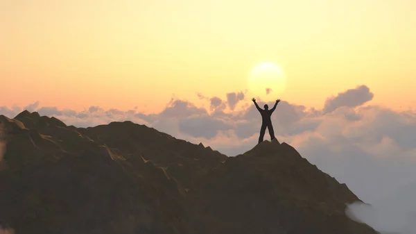 Людина Вершині Гори Схід Або Захід Сонця Над Хмарами — стокове фото